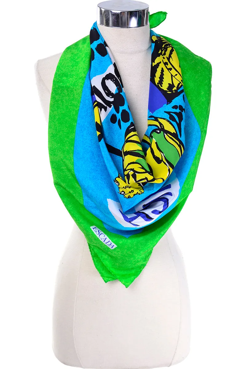 1980s Vintage Escada Blue and Green Novelty Munich Tiger Print Silk Scarf