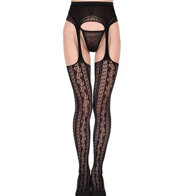 2017 Hollow Out Tights Lace Sexy Stockings Female Thigh High Fishnet Embroidery Transparent Pantyhose Women Black Lace Stocking