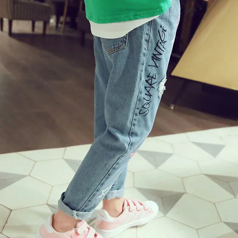 2023 new personalized cloud graffiti print hole casual children jeans girls clothing pants boutique children jeans