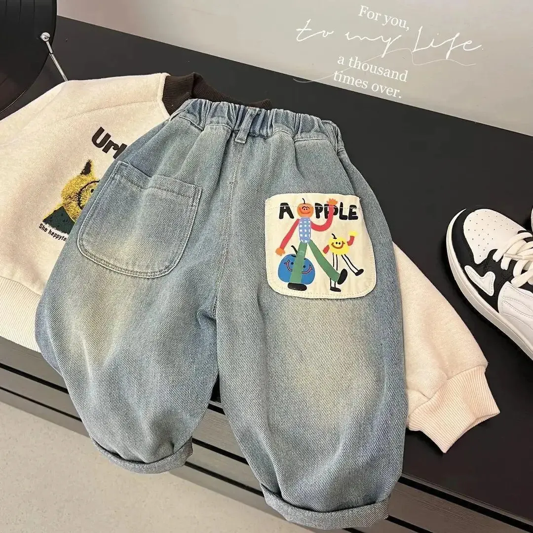 2024 Spring Autumn Kid Boys Denim Pants Side Pocket Polished White Children Boys Pants Elastic Waist Casual Baby Boys Trousers