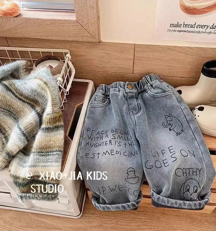 2024 Spring Autumn Kid Boys Denim Pants Side Pocket Polished White Children Boys Pants Elastic Waist Casual Baby Boys Trousers