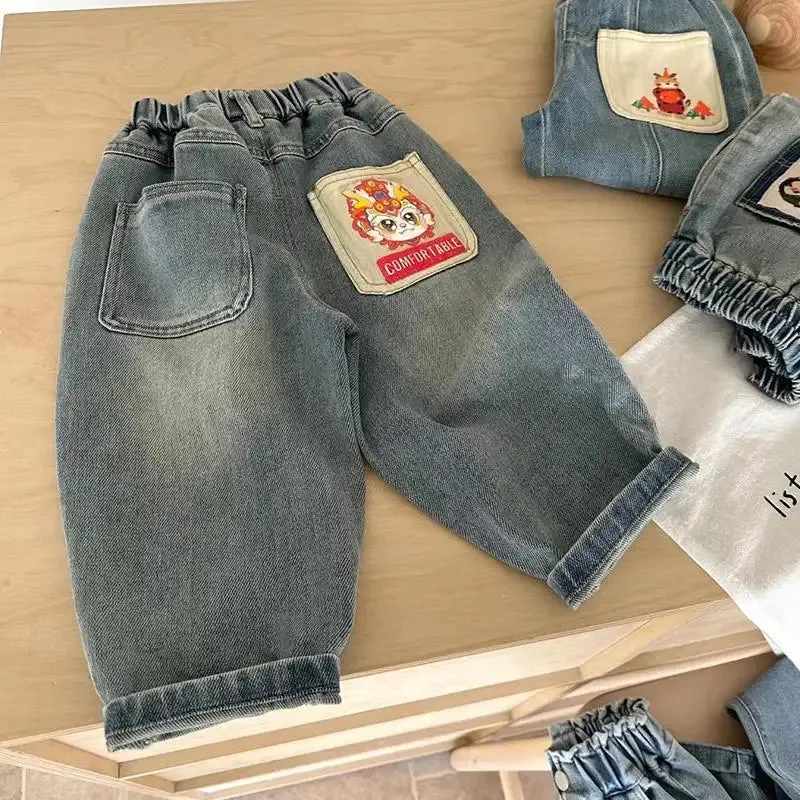 2024 Spring Autumn Kid Boys Denim Pants Side Pocket Polished White Children Boys Pants Elastic Waist Casual Baby Boys Trousers