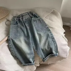 2024 Spring Autumn Kid Boys Denim Pants Side Pocket Polished White Children Boys Pants Elastic Waist Casual Baby Boys Trousers