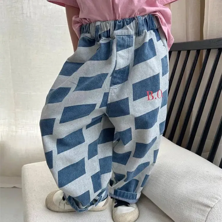 2024 Spring New Children Denim Trousers Toddler Boys Plaid Casual Pants Baby Girl Letter Wide Leg Pants Kids Fashion Loose Jeans