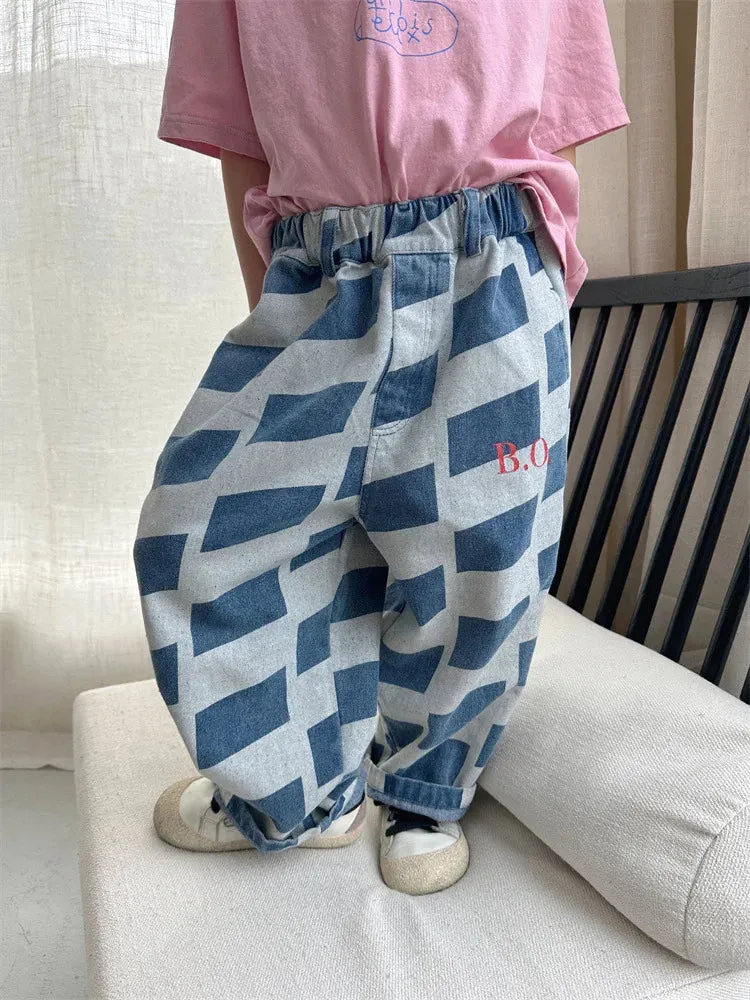 2024 Spring New Children Denim Trousers Toddler Boys Plaid Casual Pants Baby Girl Letter Wide Leg Pants Kids Fashion Loose Jeans