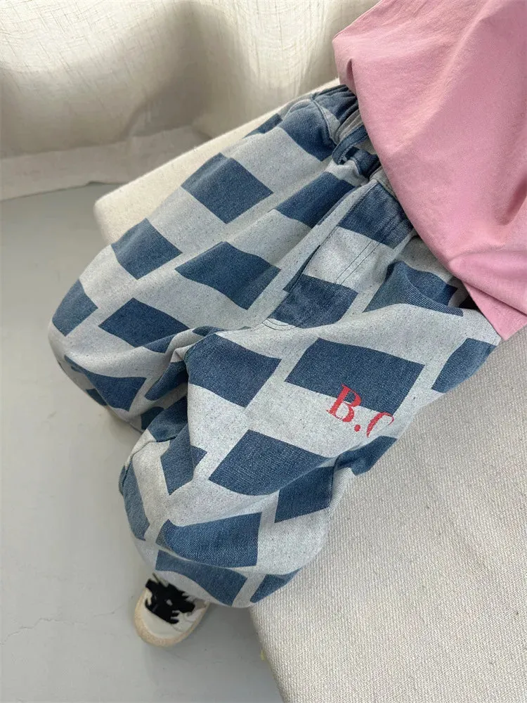 2024 Spring New Children Denim Trousers Toddler Boys Plaid Casual Pants Baby Girl Letter Wide Leg Pants Kids Fashion Loose Jeans