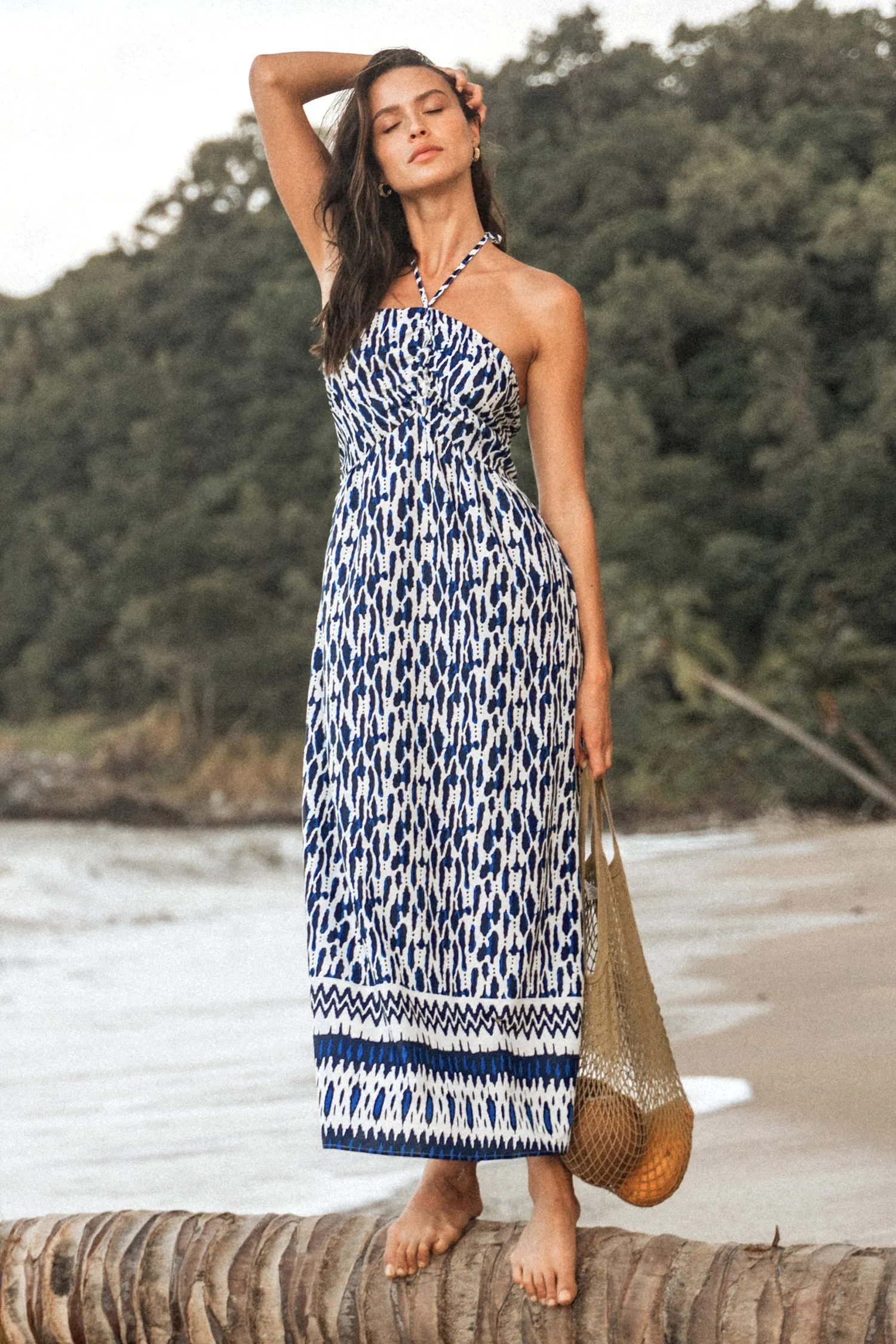 Abstract Print Halter Maxi Dress