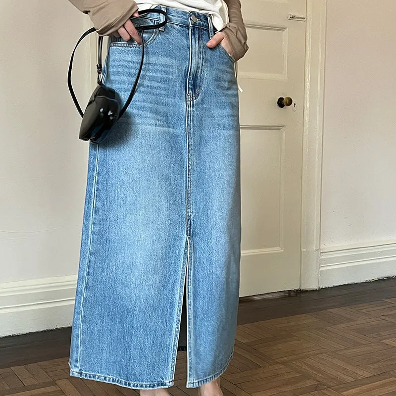 Amozae 2024 fall fashion trends Fu Denim Skirt for Women 2024 Early Autumn New Classic High Waist Retro Straight Loose a-Line Hip Skirt 3385