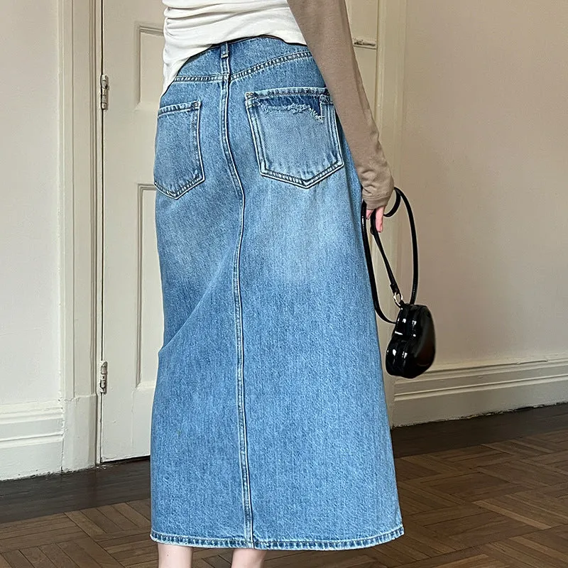 Amozae 2024 fall fashion trends Fu Denim Skirt for Women 2024 Early Autumn New Classic High Waist Retro Straight Loose a-Line Hip Skirt 3385