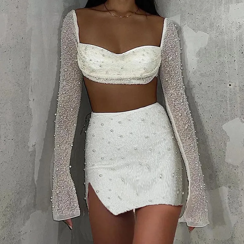 Amozae birthday outfit  Knitted Beaded Square Collar Long-Sleeved Top Skirt Suit Spring Women's Sexy Navel Skirt for Women