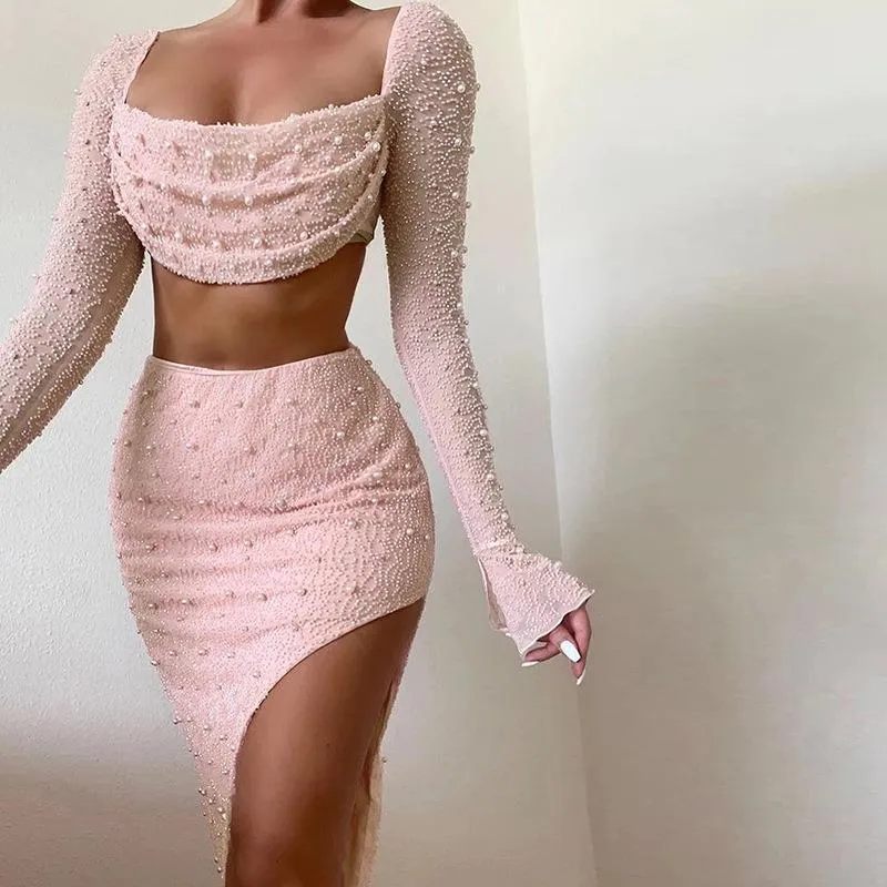 Amozae birthday outfit  Knitted Beaded Square Collar Long-Sleeved Top Skirt Suit Spring Women's Sexy Navel Skirt for Women