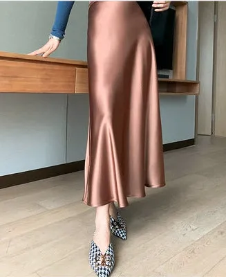 Amozae buisnesscore outfit women High Waist Acetate Skirt Women's Mid-Length Acetate Satin Sheath Fishtail A- line Skirt Long Skirt