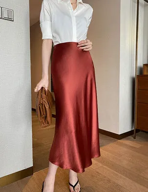 Amozae buisnesscore outfit women High Waist Acetate Skirt Women's Mid-Length Acetate Satin Sheath Fishtail A- line Skirt Long Skirt