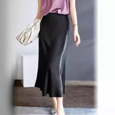 Amozae buisnesscore outfit women High Waist Acetate Skirt Women's Mid-Length Acetate Satin Sheath Fishtail A- line Skirt Long Skirt