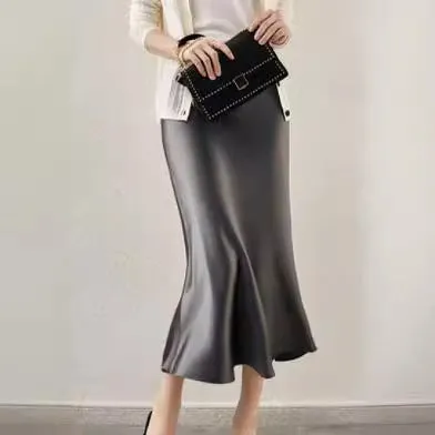 Amozae buisnesscore outfit women High Waist Acetate Skirt Women's Mid-Length Acetate Satin Sheath Fishtail A- line Skirt Long Skirt