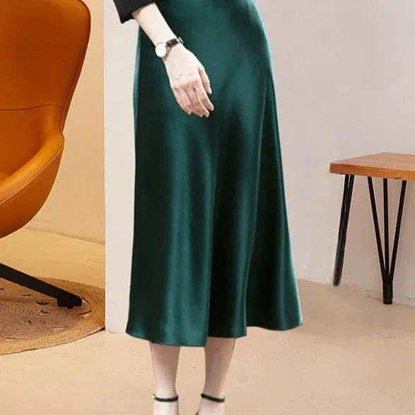 Amozae buisnesscore outfit women High Waist Acetate Skirt Women's Mid-Length Acetate Satin Sheath Fishtail A- line Skirt Long Skirt