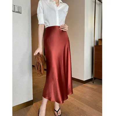 Amozae buisnesscore outfit women High Waist Acetate Skirt Women's Mid-Length Acetate Satin Sheath Fishtail A- line Skirt Long Skirt