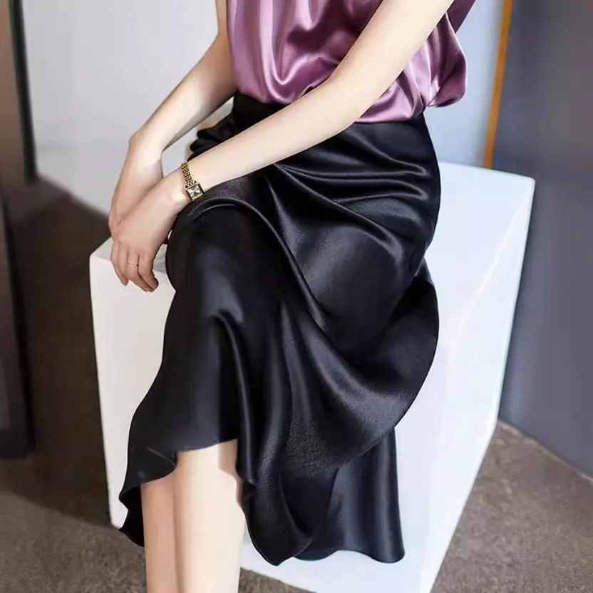 Amozae buisnesscore outfit women High Waist Acetate Skirt Women's Mid-Length Acetate Satin Sheath Fishtail A- line Skirt Long Skirt