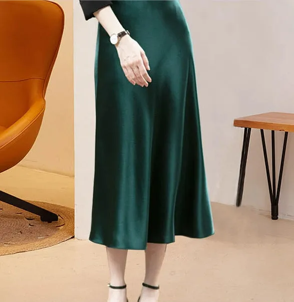 Amozae buisnesscore outfit women High Waist Acetate Skirt Women's Mid-Length Acetate Satin Sheath Fishtail A- line Skirt Long Skirt