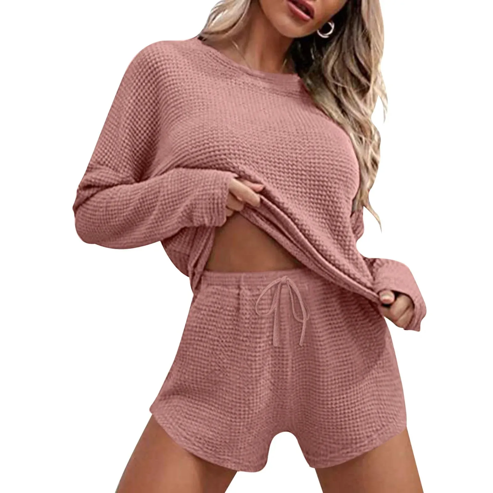 Autumn New Leisure Long Casual Homewear High Stretch Solid Waffle Set