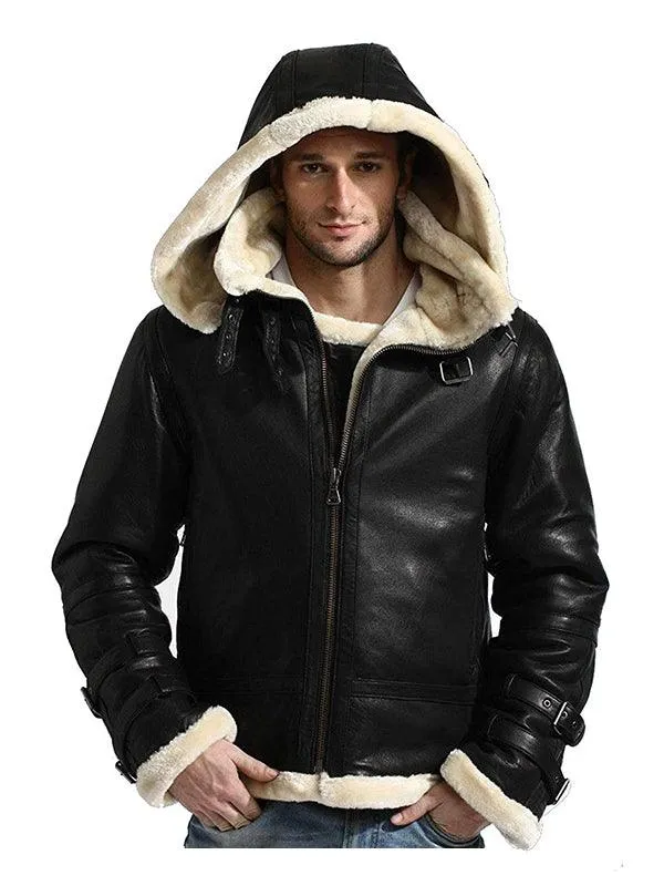 B3 Bomber Hooded Leather Jacket - Black