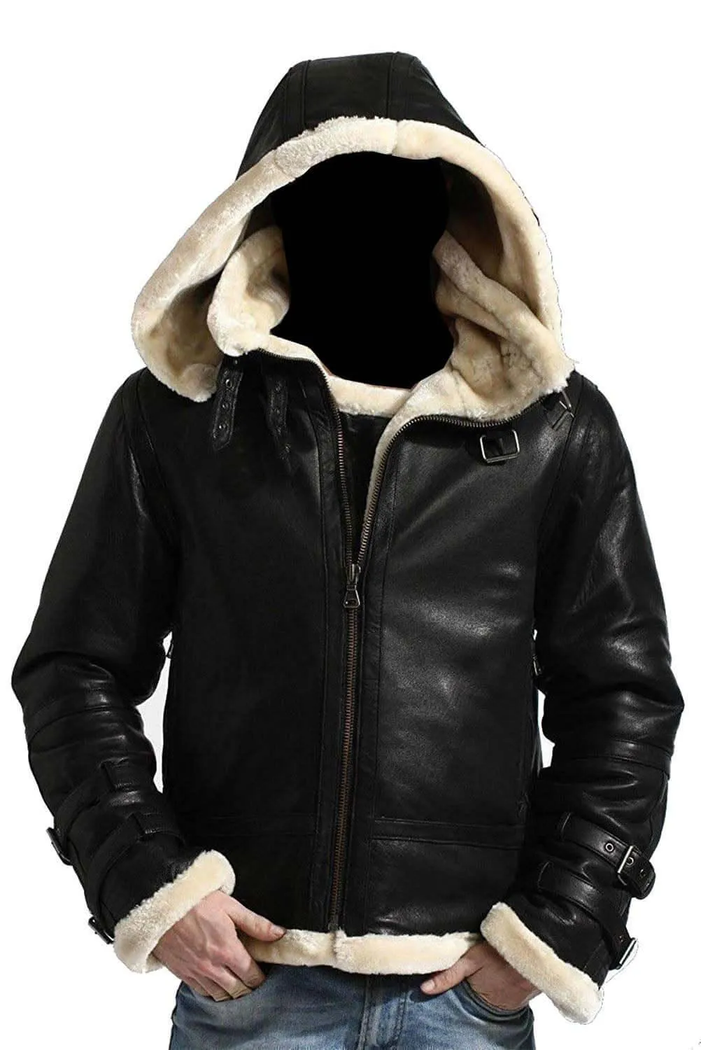 B3 Bomber Hooded Leather Jacket - Black