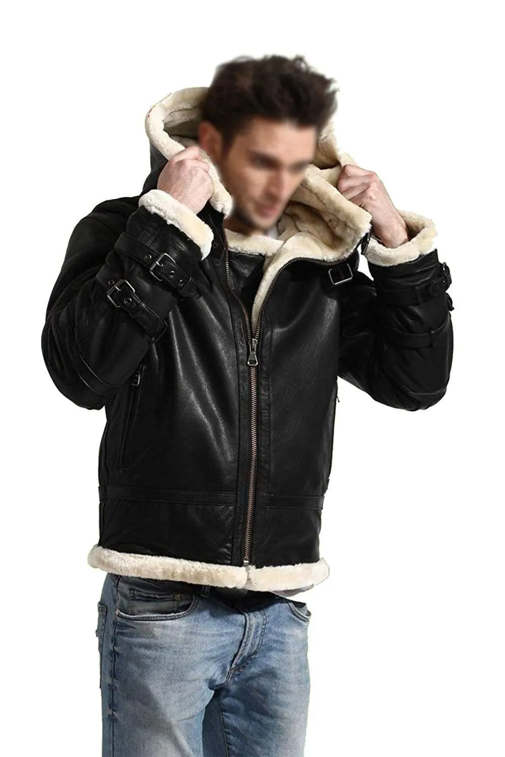 B3 Bomber Hooded Leather Jacket - Black