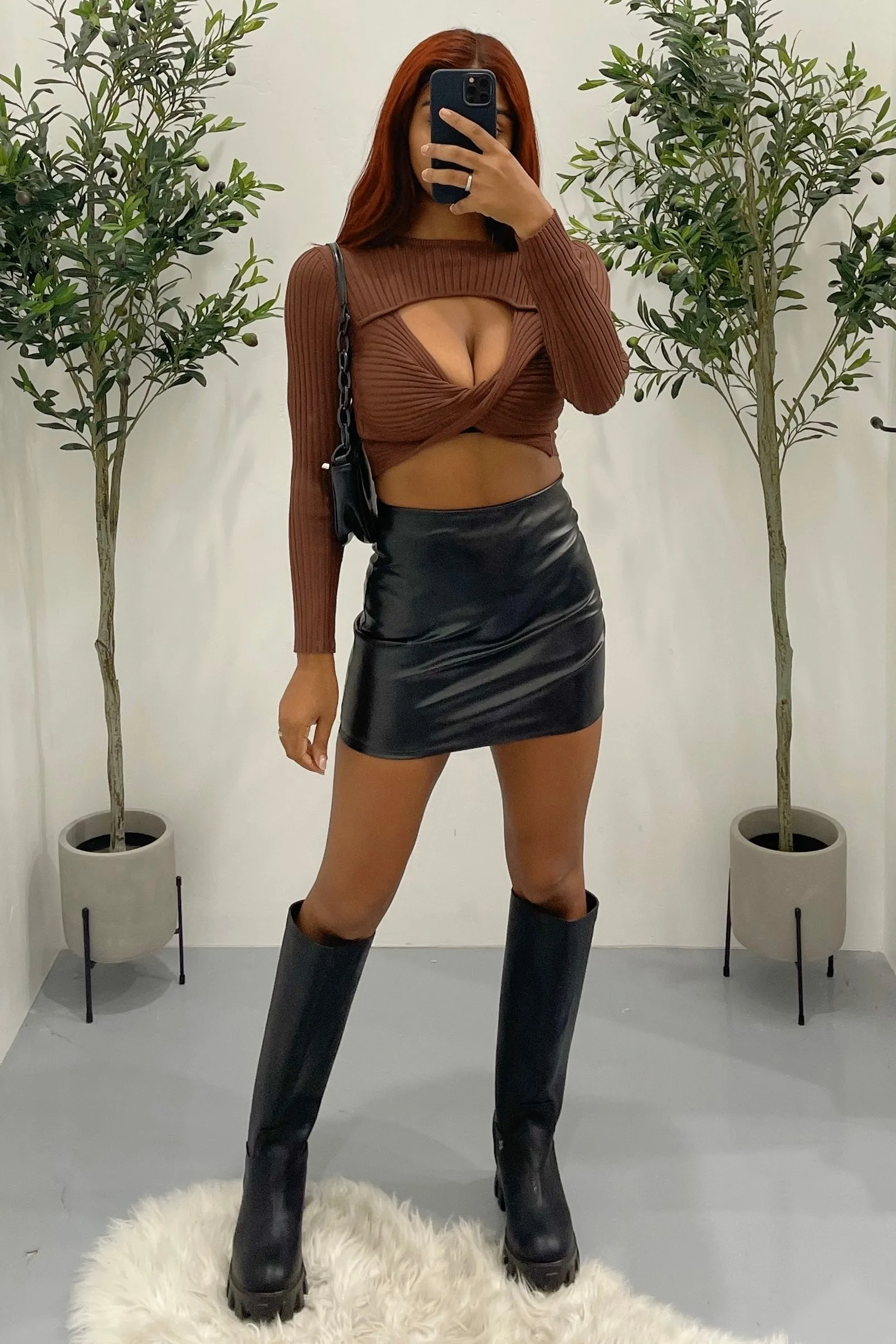 Basil Front Cut Out Cropped Sweater (Brown)