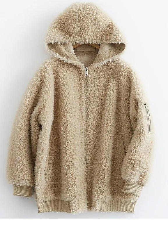 Beige Casual Hoodie Plain Cotton-Blend Outerwear