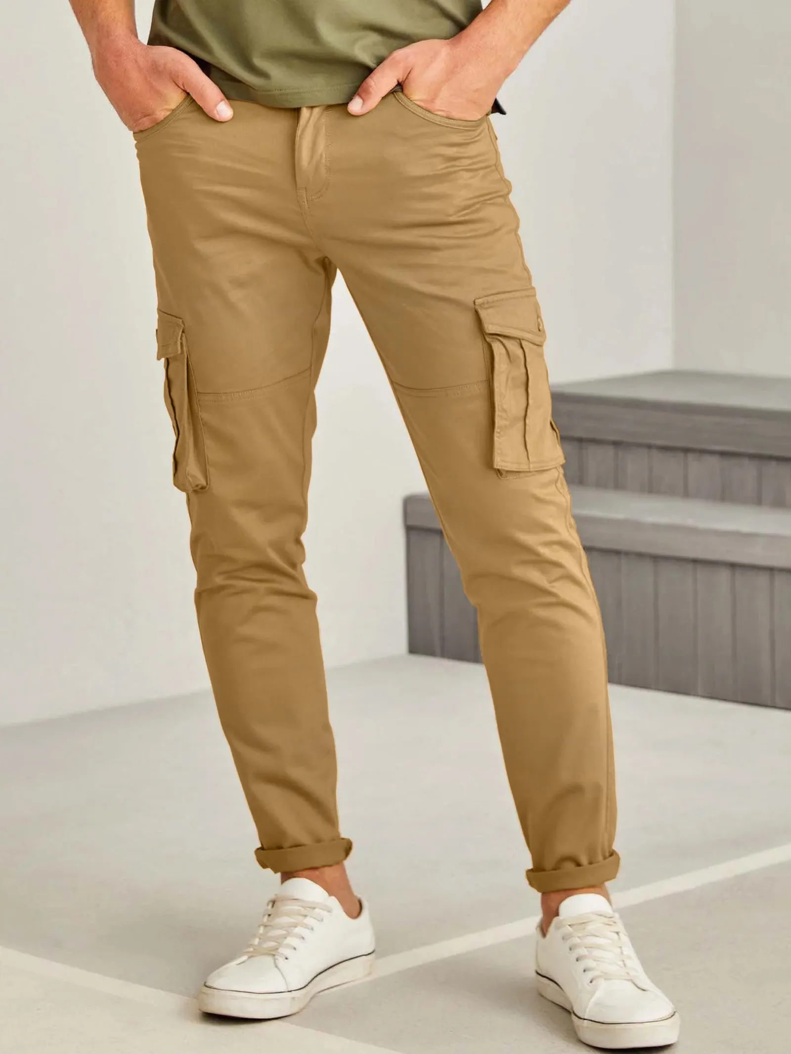 Beige Solid Stretch Cargo Trouser