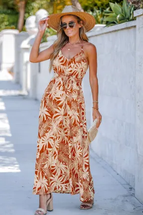 Belted Tropical Leaf Print Halter Dress