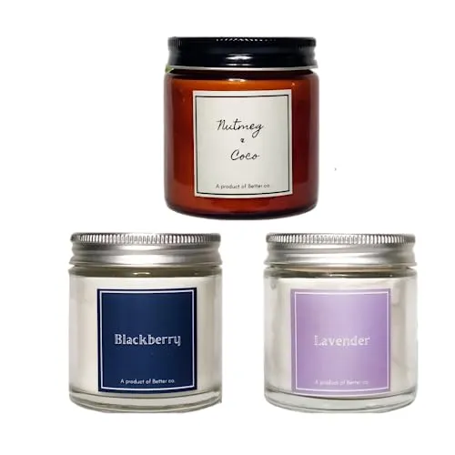 Better co Scented Soy Wax Amber Jar Candle Organic Luxury Aroma Burning Time Upto 20 Hours. Combo Pack of 3. Nutmeg   Coco BlackBerry and Lavender