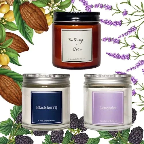 Better co Scented Soy Wax Amber Jar Candle Organic Luxury Aroma Burning Time Upto 20 Hours. Combo Pack of 3. Nutmeg   Coco BlackBerry and Lavender