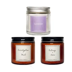 Better co Scented Soy Wax Amber Jar Candle Organic Luxury Aroma Burning Time Upto 20 Hours. Combo Pack of 3. Nutmeg   Coco Eucalyptus   Mint and Lavender