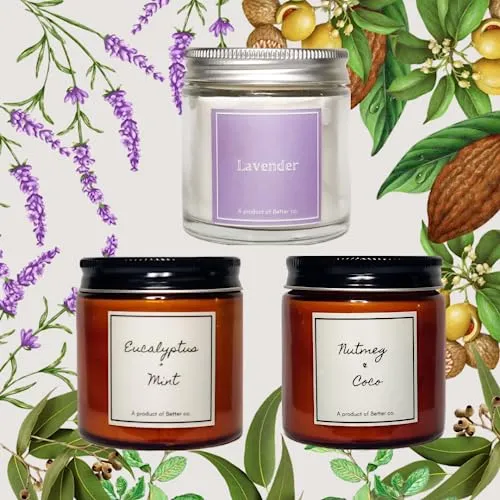 Better co Scented Soy Wax Amber Jar Candle Organic Luxury Aroma Burning Time Upto 20 Hours. Combo Pack of 3. Nutmeg   Coco Eucalyptus   Mint and Lavender