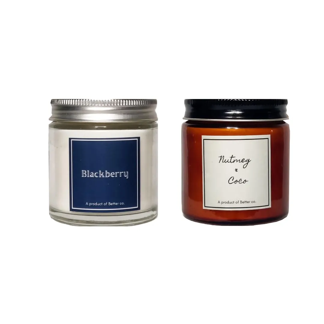 Better co Scented Soy Wax Amber Jar Candle Organic Luxury Aroma Burning Time Upto 20 Hours. Combo Pack of BlackBerry and Nutmeg   Coco.