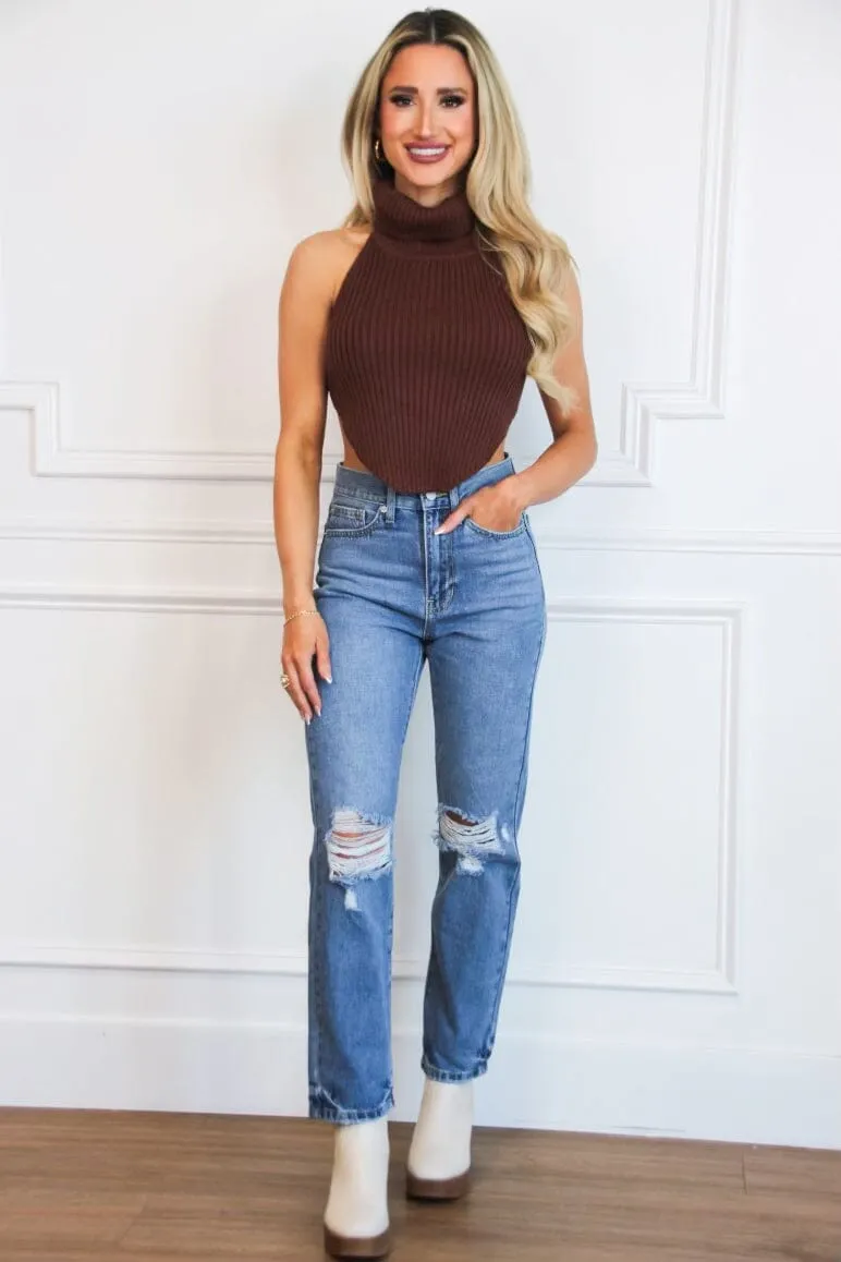 Beverly High Neck Open Back Sweater Crop Top: Brown