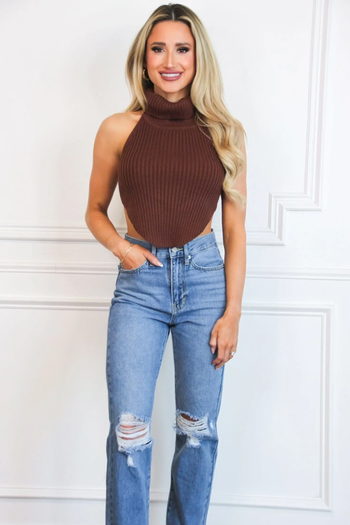 Beverly High Neck Open Back Sweater Crop Top: Brown