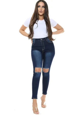 Blue Denim Skinny Jeans in a High Waisted fit with ripped front details