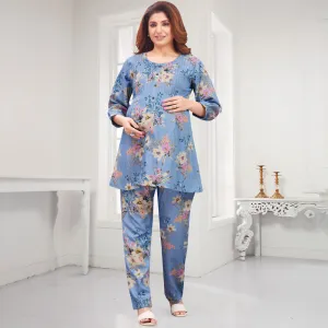 Blue Floral Printed Nursing Maternity Co-Ord Set