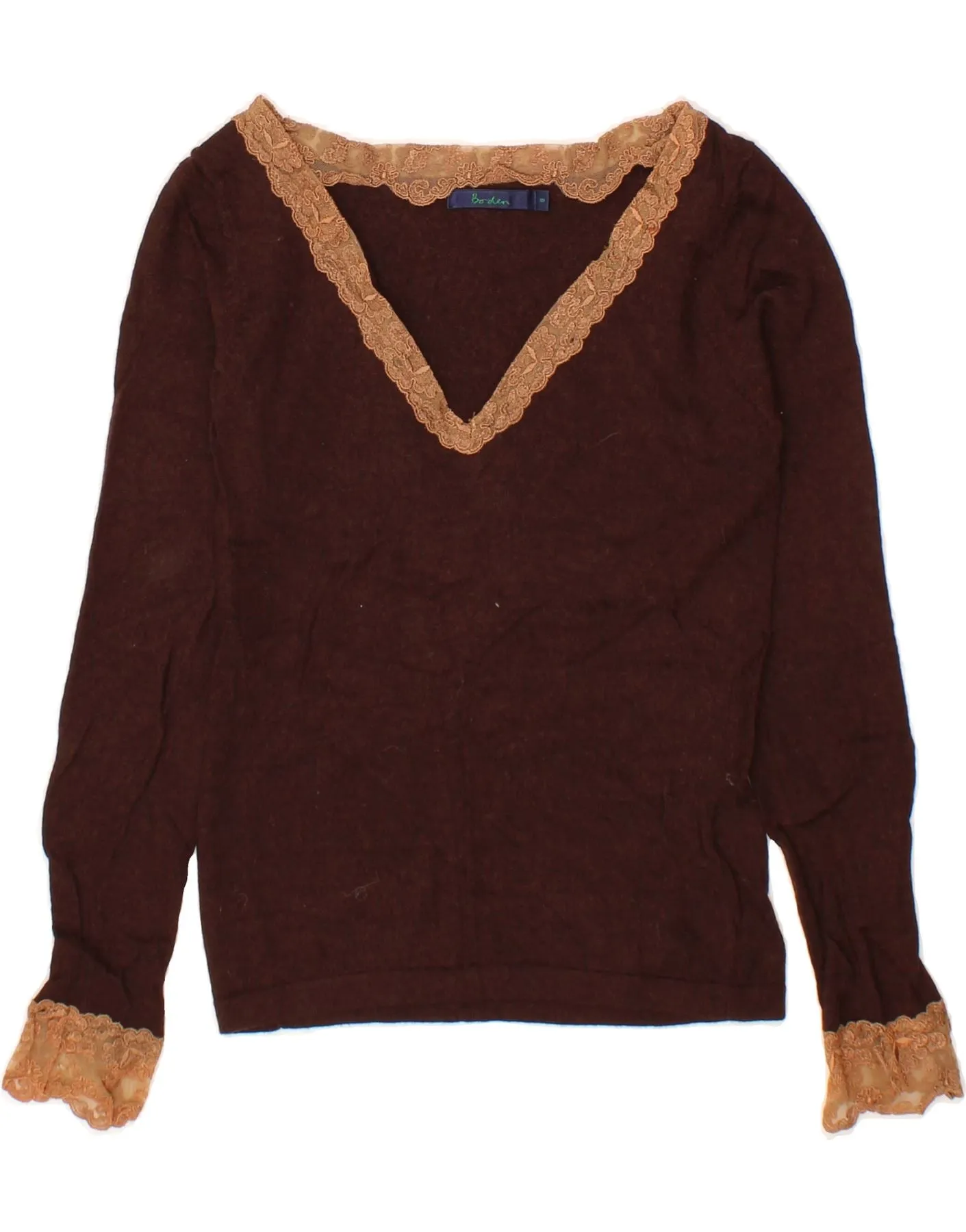 BODEN Womens Crop V-Neck Jumper Sweater UK 8 Small  Brown Merino Wool