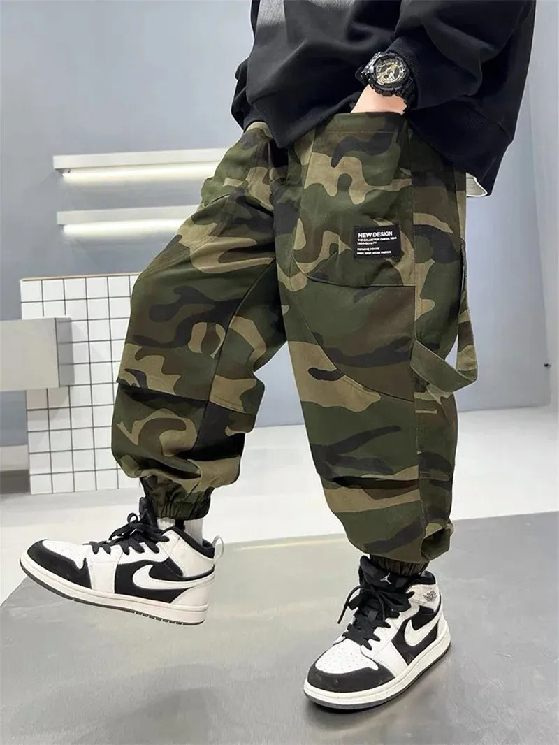 Boy Camouflage Pants Big Kids Casual Sport Cargo Pants Spring Autumn Teenage Joggers Trousers Big Children Streetwear Baggy Pant