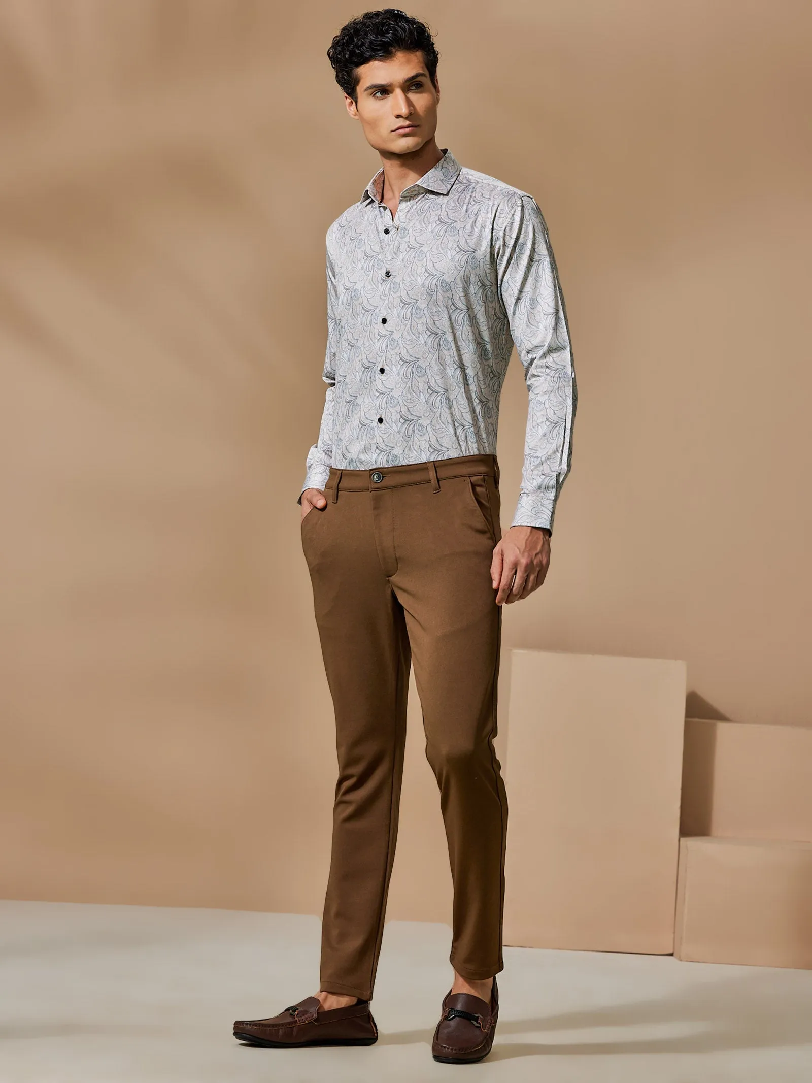 Brown 4-Way Stretch Textured Trouser