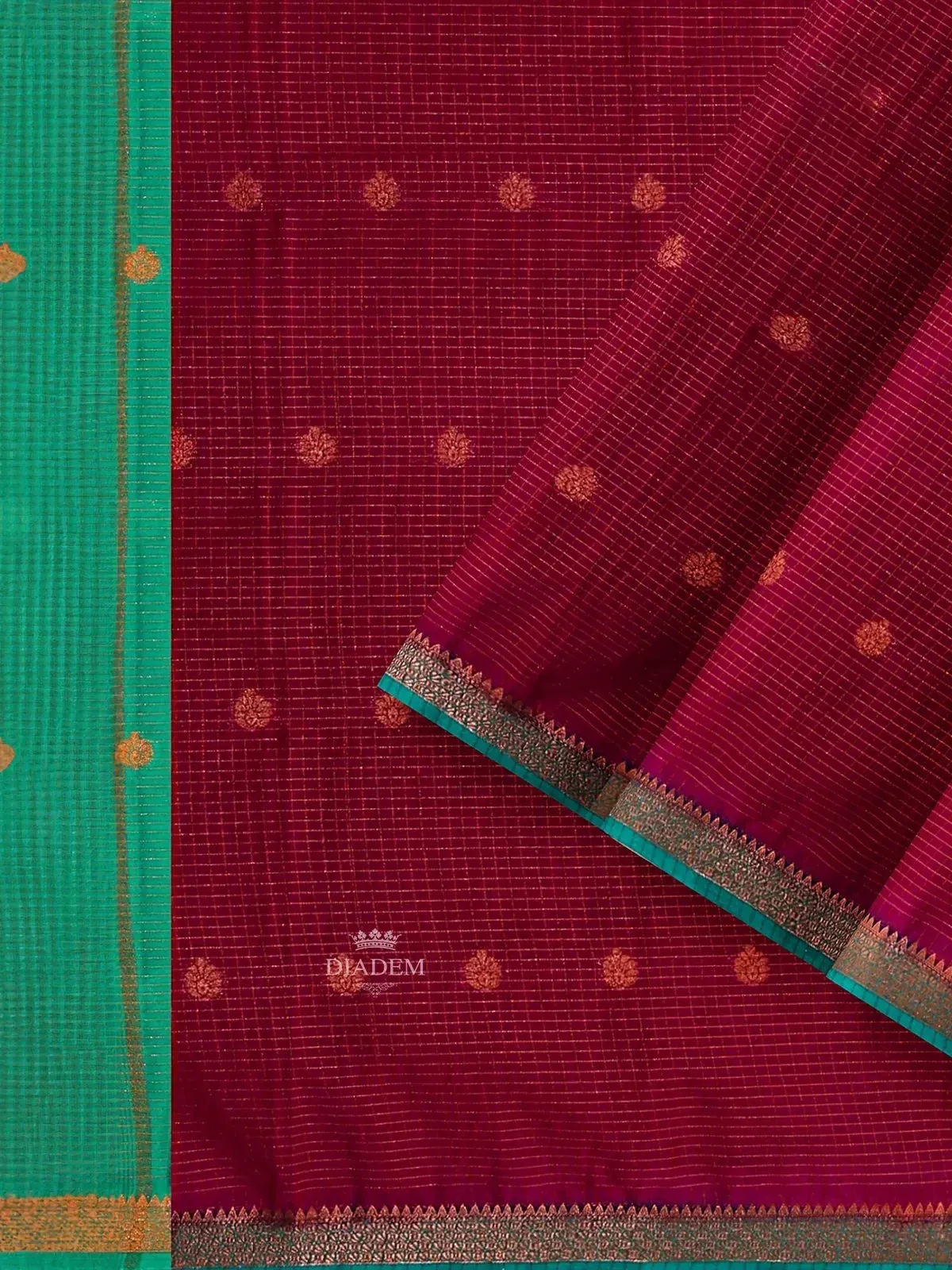 Burgundy Semi Silk Saree with Checked design on the body and Contrast Zari Border