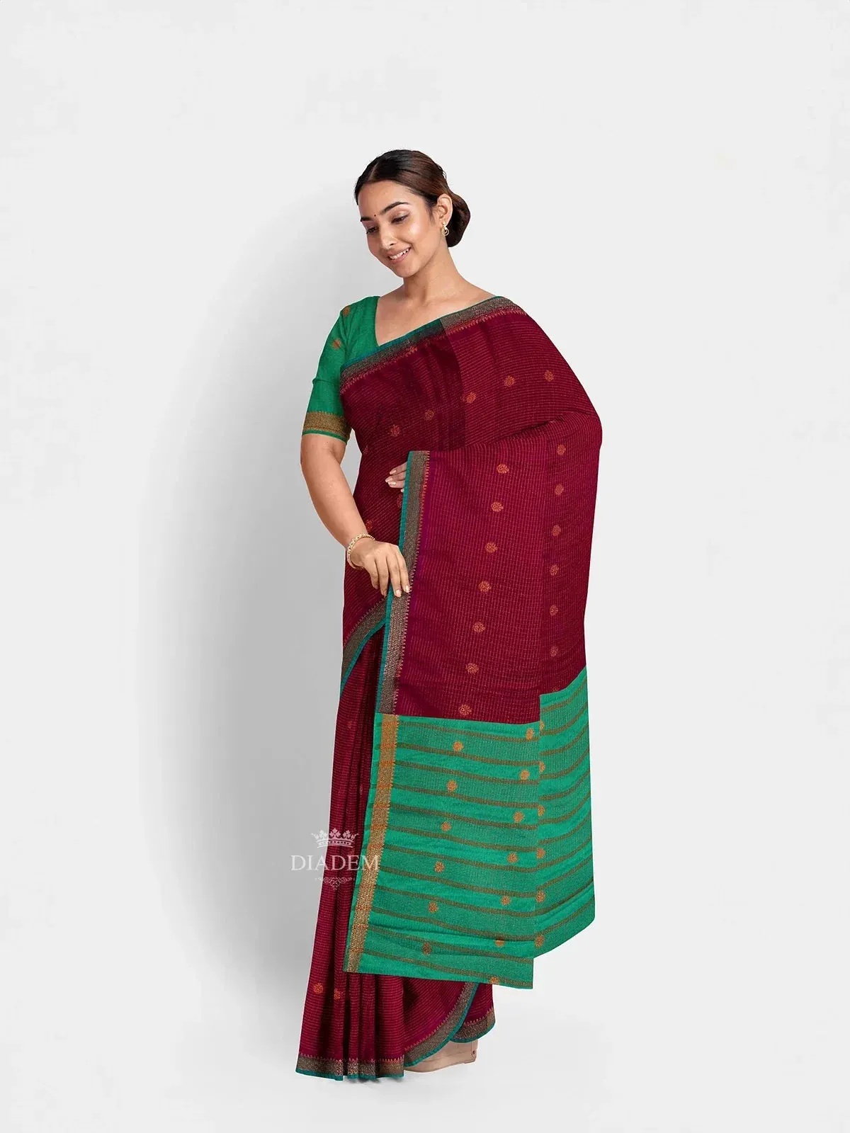 Burgundy Semi Silk Saree with Checked design on the body and Contrast Zari Border