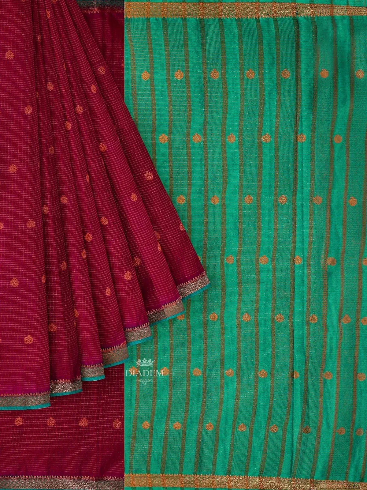 Burgundy Semi Silk Saree with Checked design on the body and Contrast Zari Border