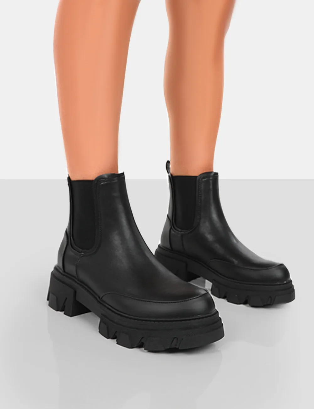 By Midnight Black Pu Platform Chunky Sole Chelsea Boots