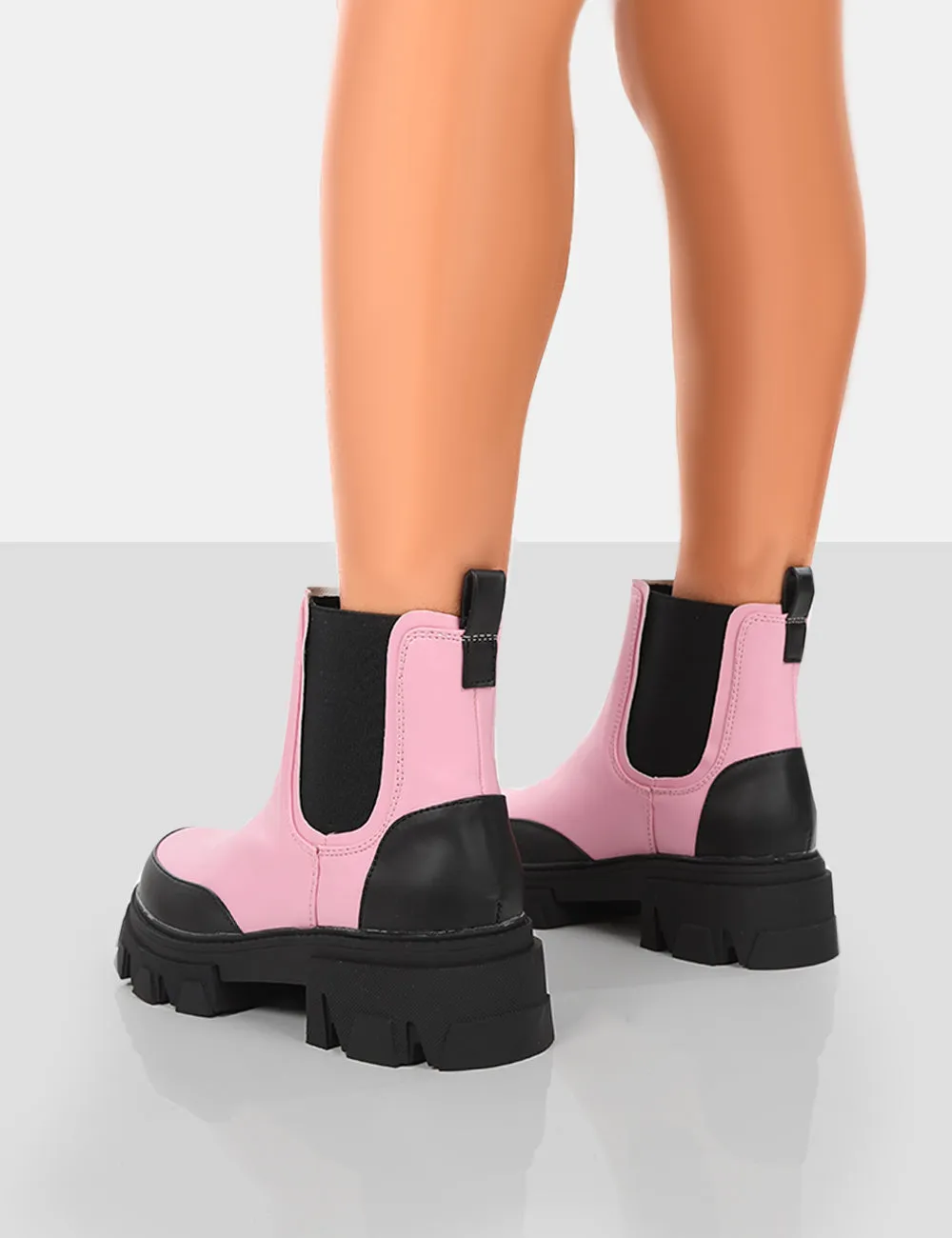 By Midnight Pink Pu Platform Chunky Sole Chelsea Boots