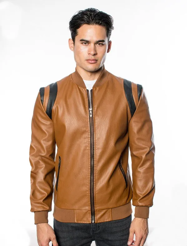 Camel/Black Men's Fancy Pleather Jacket