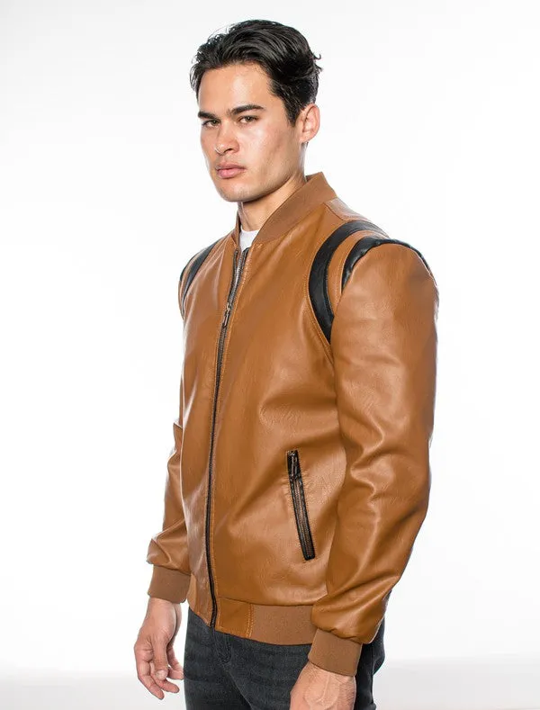 Camel/Black Men's Fancy Pleather Jacket